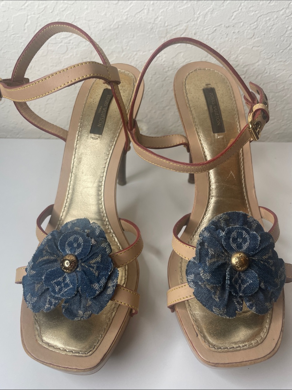 Authentic Louis Vuitton Monogram Denim Flower platform strappy heels/ shoes 38.5
